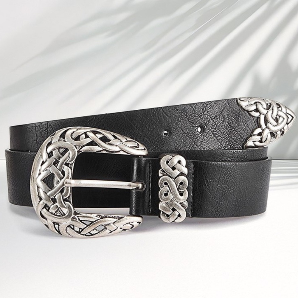 Lascana women’s faux leather black belt with decorative metal buckle and ends.